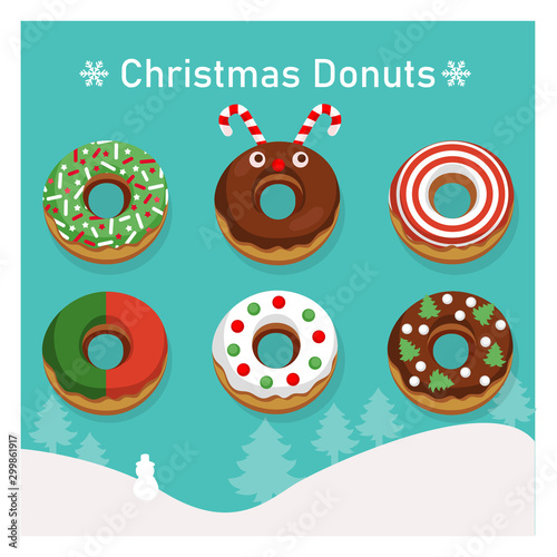 Set of variety colorful donuts in Christmas theme.
