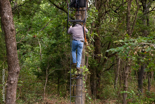 Hunter decending from tree stand in deep woods photo