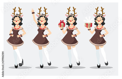 Set of cute pretty sexy woman in Reindeer costume dress.