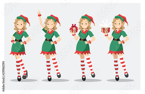 Set of cute pretty sexy woman in Elf costume dress. flat vector.