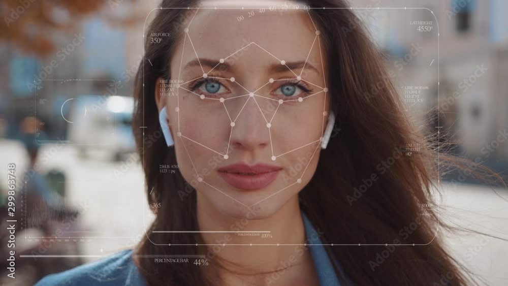Future. Face Detection. Technological 3d Scanning. Biometric Facial Recognition. Face Id. Technological Scanning Of The Face Of Beautiful Caucasian Woman In The City For Facial Recognition. Shoted By