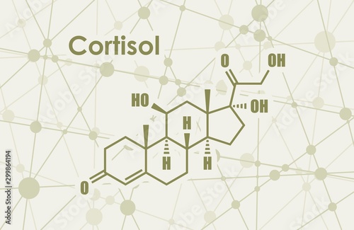 Chemical molecular formula hormone cortisol. Connected lines with dots background