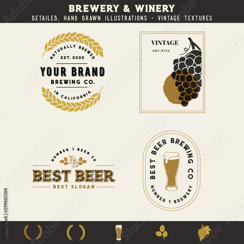Beer, Liquor and Wine Icons and logo mockups. Textured, hand drawn illustrations.