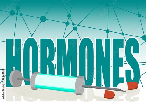 Hormones word with syringe and pills. Connected lines with dots background. Medical research concept.