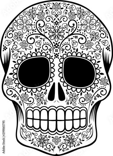 mexican sugar skull with flowers and design elements isolated on white, can be used for coloring book, day of the dead decoration (dia de muertos) tattoo