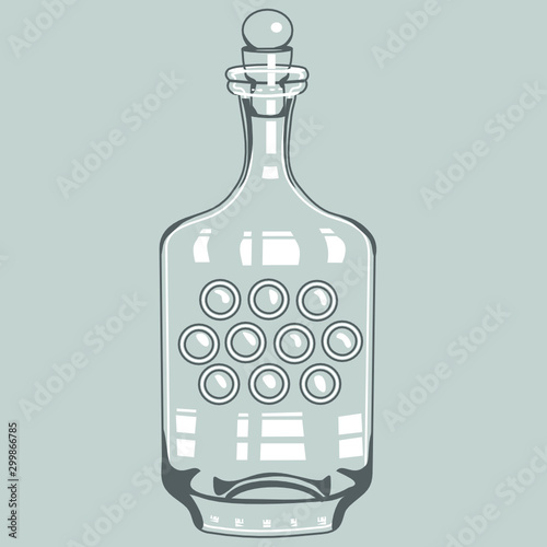 rectangular carafe with cork,  decanter for wine, water and other soft drinks, monochrome illustration in vintage style