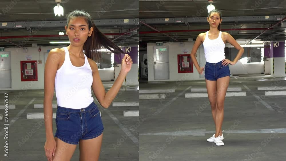 Teen model doing 360 degree posing on a split screen as a test for a modeling job - medium and long shots