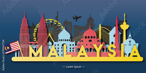Malaysia with Gold Travel postcard panorama, poster, tour advertising of world famous landmarks in paper cut style.