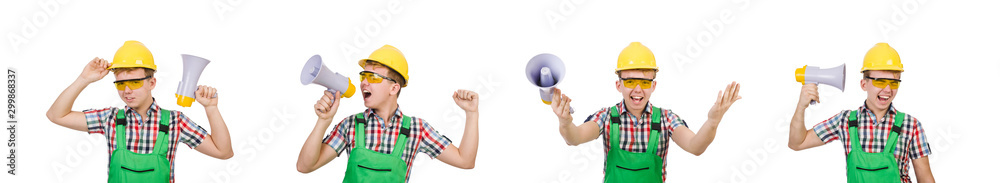 Funny construction worker with loudspeaker on white Funny construction worker with loudspeaker on white