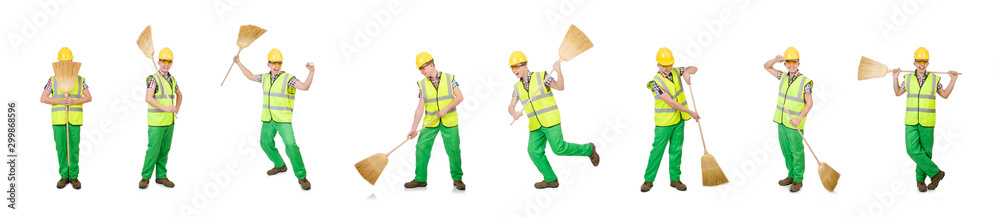 Funny janitor with broom isolated on white Funny janitor with broom isolated on white