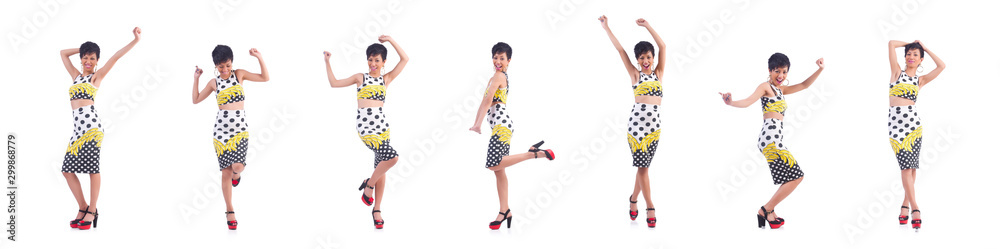 Model wearing fashionable clothing on white Model wearing fashionable clothing on white