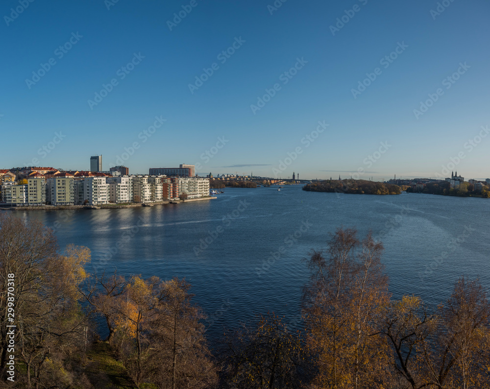Sunny autumn view over Stockholm districts at the lake Mälaren Essinge, Kungsholmen and Långholmen 