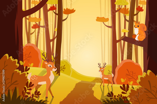 Landscape view of forest path in autumn. Two deer and squirrel finding food among the bushes. Orange, yellow bushes, road and trees. Colorful atumn jungle in cartoon style. Flat vector illustration.