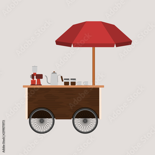 Editable Isolated Simple Wooden Mobile Coffee Cart Vector Illustration With Umbrella and Brewing Equipment for Cafe Related Concept