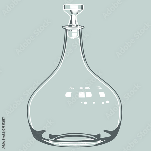 Glass transparent decanter for wine, water and other soft drinks, monochrome illustration in gray tones in vintage style