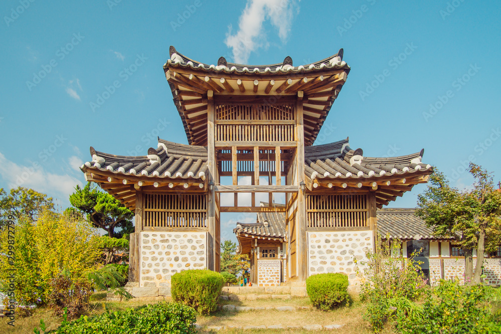 A Cathedral built in Korean traditional architecture style on a fine day.