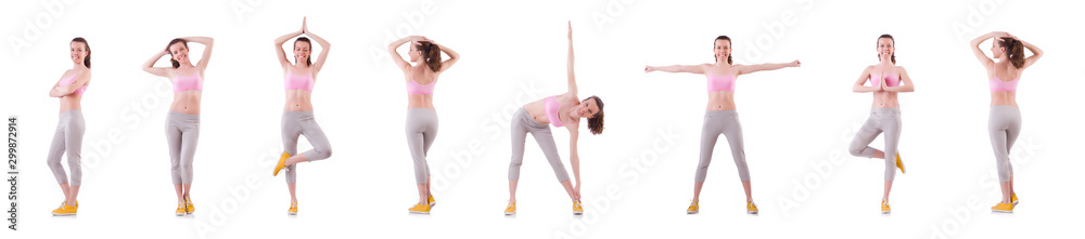 Young woman doing exercises on white