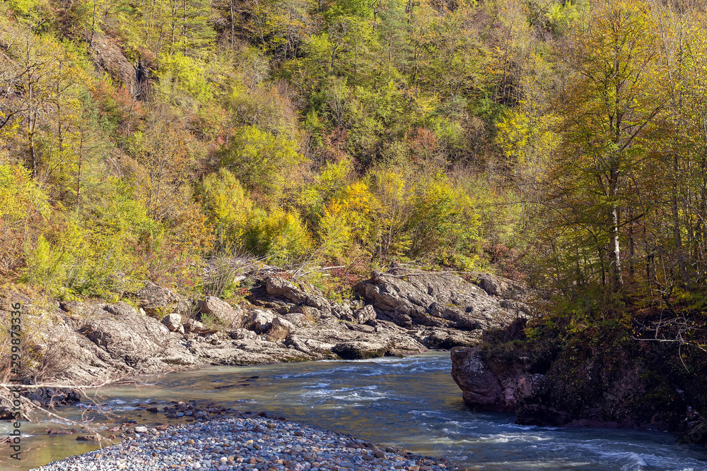Autumn journey through the forest and mountain river, tourist routes. Autumn journey through the forest and mountain river, tourist routes.