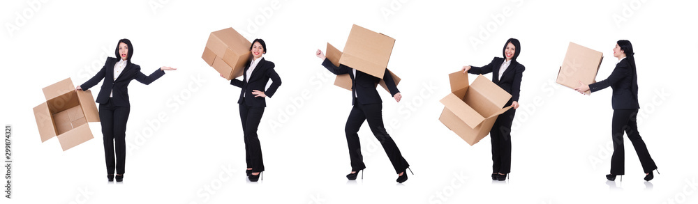 Woman with lots of boxes on white Woman with lots of boxes on white