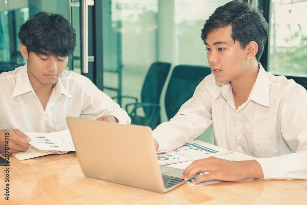 financial adviser analyzing performance revenue with investor. business people discussing in meeting. businessman working with team