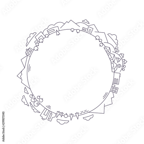 Planet Earth. Village, province. Countryside round panorama. Copy space. Your text is here. The mountains and buildings. Outline illustration.