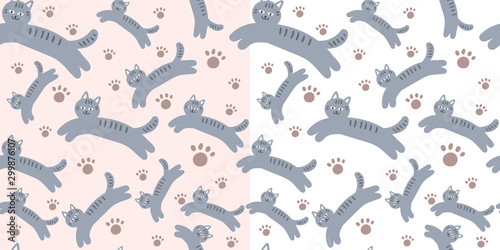 Cats and paws, vector seamless pattern set