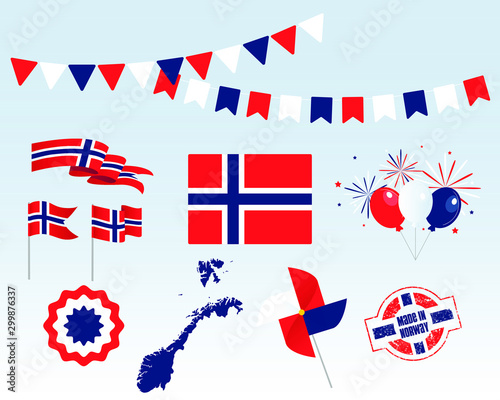 National holiday. Independence Day of Norway, set of vector design elements, Made in Norway. Map, flags, ribbons, turntables, sockets. Vector symbolism, set for your infographics. May 17