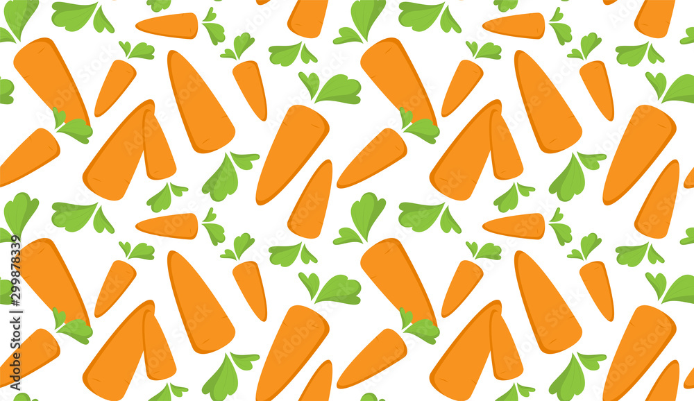 Carrot Seamless Pattern with flat orange vegetable, cartoon food illustration. Trendy background ornament. Cute print for menu, wallpaper, 100 vegan or vegetarian diet, textile design, easter, eco - obrazy, fototapety, plakaty 