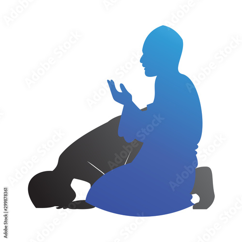 Silhouette of people who prostrate and pray, surrender to God the Creator, a symbol of faith and piety, remembrance, prostration and worship - Vector photo