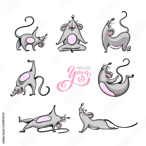 Cartoon character practicing yoga mouse. character set. Positive rat. Illustration for a car or clothes. Vector illustration.