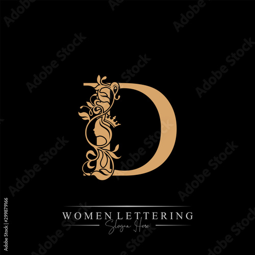 Initial letter Luxury D logo with beautiful woman portrait. Leaf Ornament Luxury glamour concept.