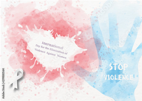 White ribbon and heart in fall apart shape with a human hand and the name, slogan of event on pink and blue watercolor style background. Stop violence against women poster campaign in vector design.