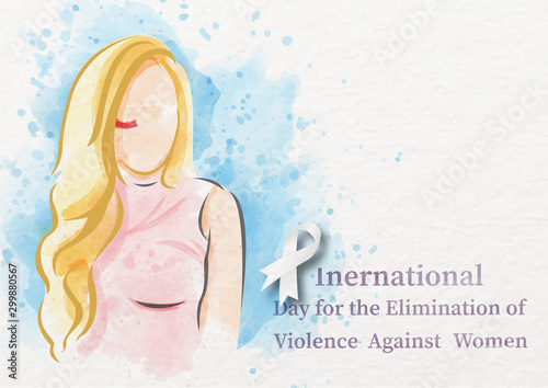 Beautiful woman with brush from lip stick (symbol of Stop Against Women) and white ribbon, name of event on blue watercolor pattern background. Campaign poster in watercolor style and vector design.