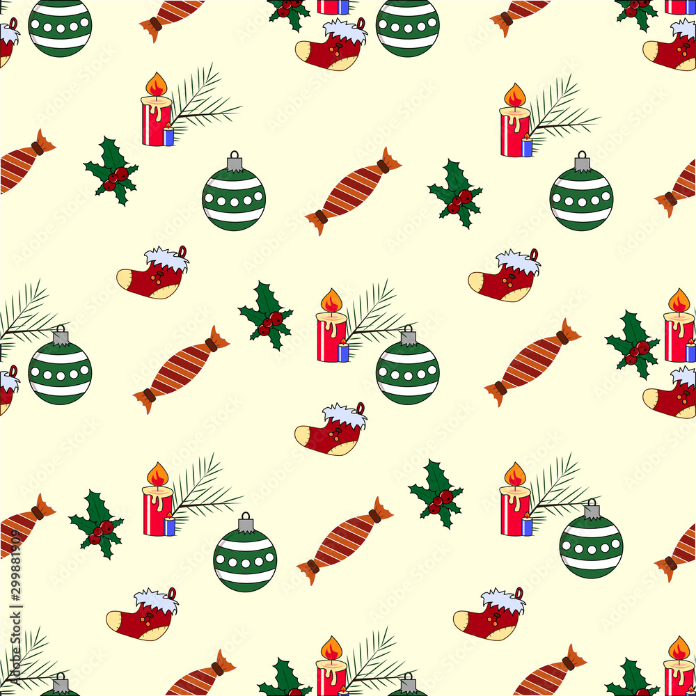 Cute festive pattern with elements for New Year and Christmas sweets, multi-colored packaging, sweets. Candles and branches of a Christmas tree. Christmas ball, lovely mistletoe. Cute festive pattern with elements for New Year and Christmas sweets, multi-colored packaging, sweets. Candles and branches of a Christmas tree. Christmas ball, lovely mistletoe.