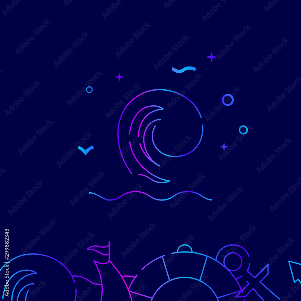 Big sea wave, rogue wave vector gradient line icon, illustration on a dark blue background. Related bottom border