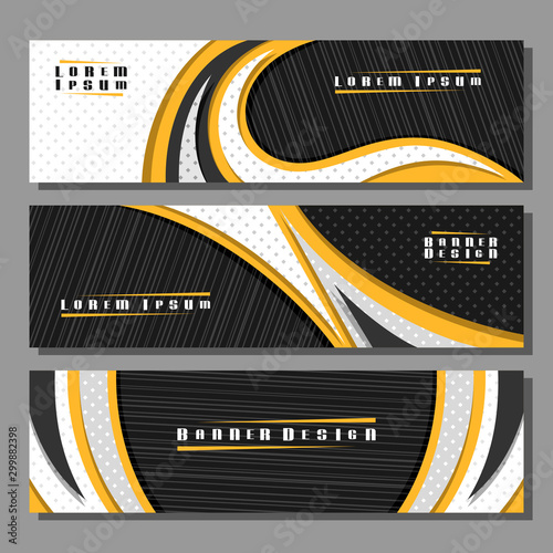 Vector set of horizontal futuristic Banners, 3 layouts for website headers with geometric abstract pattern and copy space for advertising text, design templates with dark background for presentation.