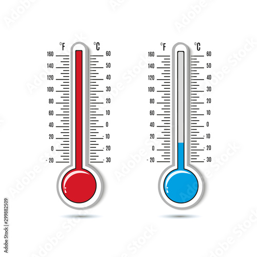 Meteorological thermometers on a white background. Blue and red thermometers. Vector illustration