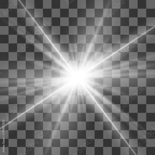 Special lens flash, light effect. The flash flashes rays and searchlight. illust.White glowing light. Beautiful star Light from the rays. The sun is backlit. Bright beautiful star. Sunlight. Glare.