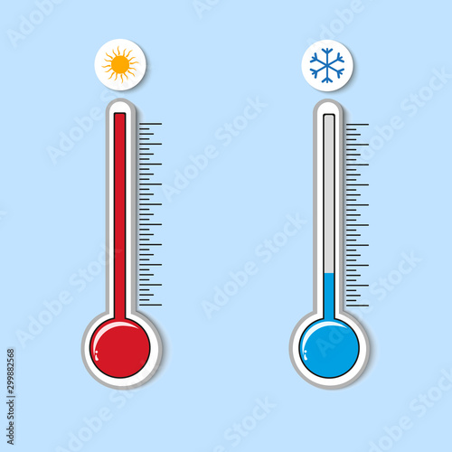 Meteorological thermometers on a white background. Blue and red thermometers. Vector illustration