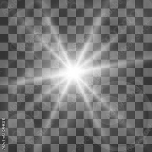 Special lens flash, light effect. The flash flashes rays and searchlight. illust.White glowing light. Beautiful star Light from the rays. The sun is backlit. Bright beautiful star. Sunlight. Glare.