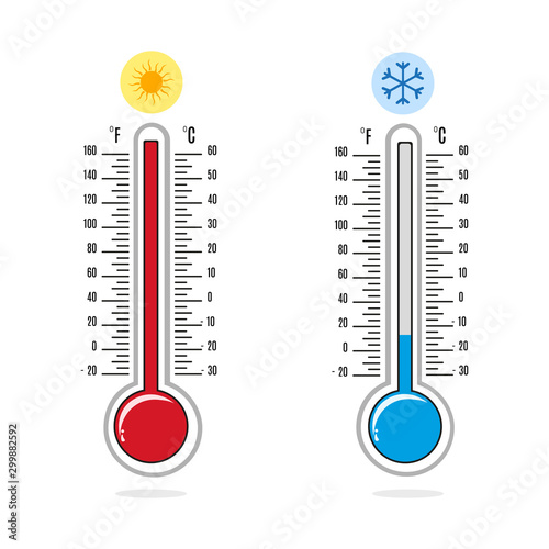 Meteorological thermometers on a white background. Blue and red thermometers. Vector illustration