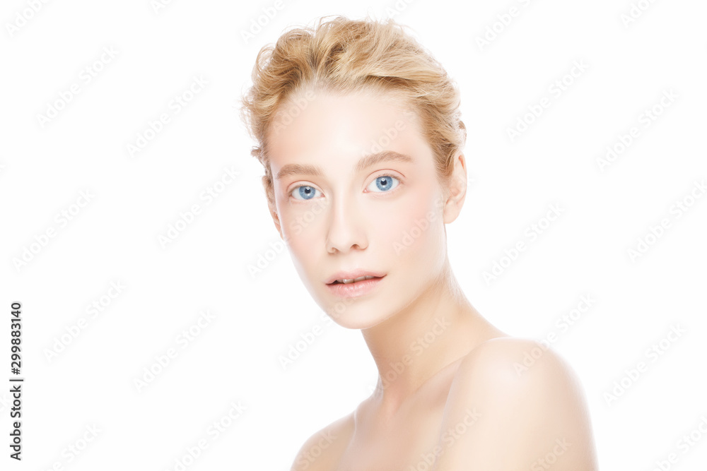Skin care treatment or cosmetic ads concept. Beauty woman face with blue eyes and blond hair looking at camera, isolated on white background. Beautiful model girl with perfect clean fresh skin. Skin care treatment or cosmetic ads concept. Beauty woman face with blue eyes and blond hair looking at camera, isolated on white background. Beautiful model girl with perfect clean fresh skin.