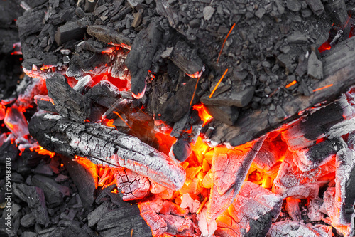Background of red hot burning charcoal close-up