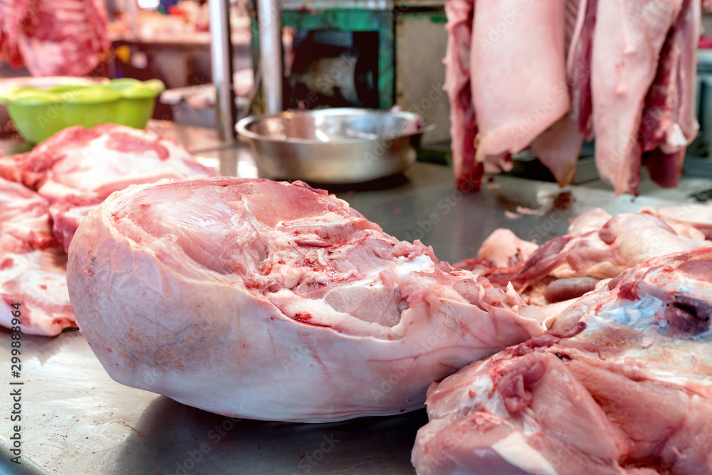 fresh pork on stainless table in market,Thailand