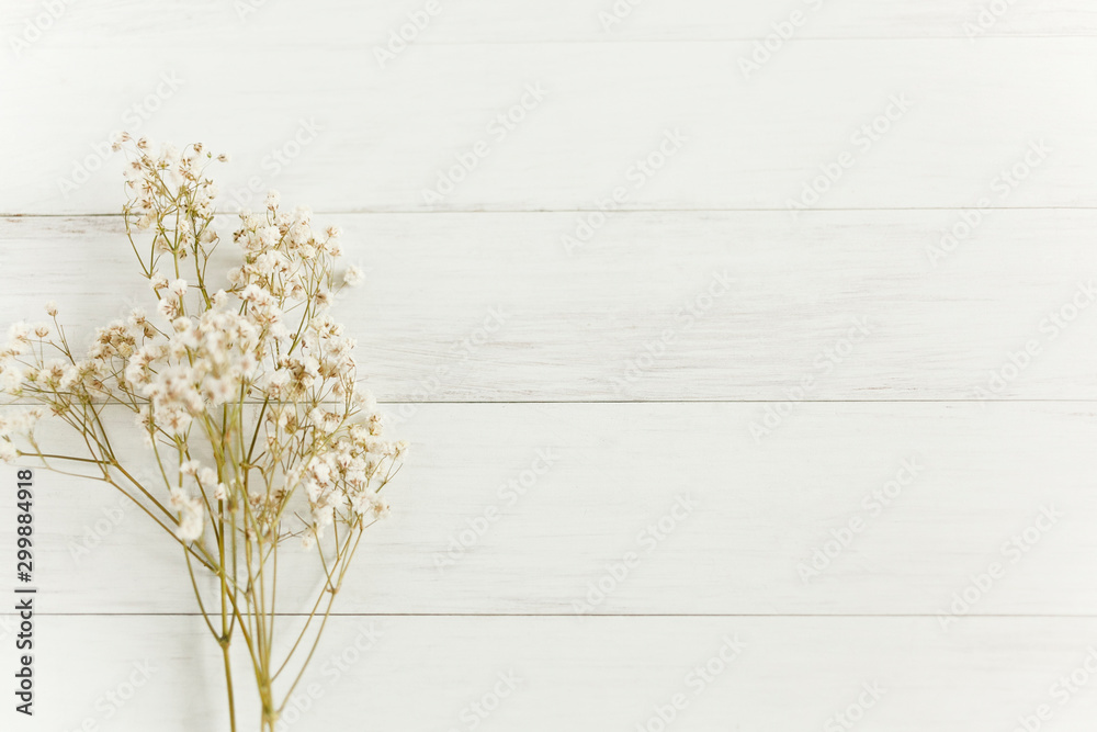 Baby’s breath flowers on white wood background with copy space - obrazy, fototapety, plakaty 