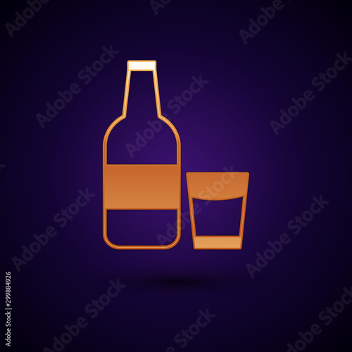 Gold Closed glass bottle with milk and glass icon isolated on dark blue background. Vector Illustration
