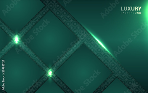 Abstract dark green paper shapes overlapping background a combination with glowing light. Luxury and modern concept vector design template for element cover, banner, card, advertising, corporate