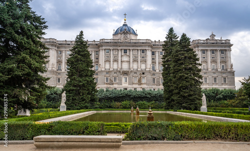 Bench view of Back Rear Royal Real Palace Palacio from Gardens Madrid Spain