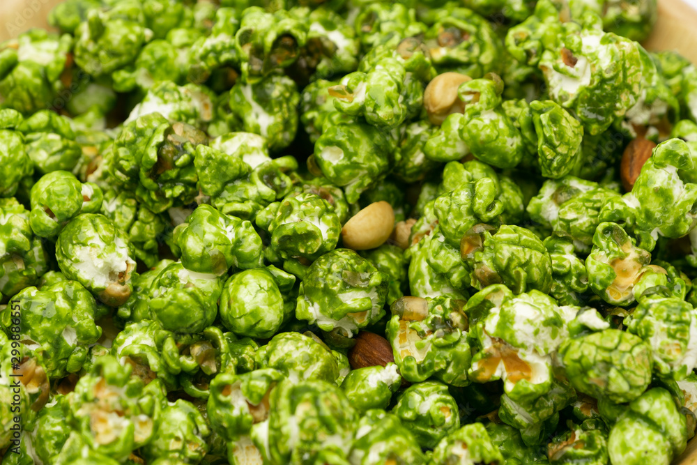 Lush of Japanese matcha green tea popcorn for texture background, Popular snack with favorite movie Lush of Japanese matcha green tea popcorn for texture background, Popular snack with favorite movie