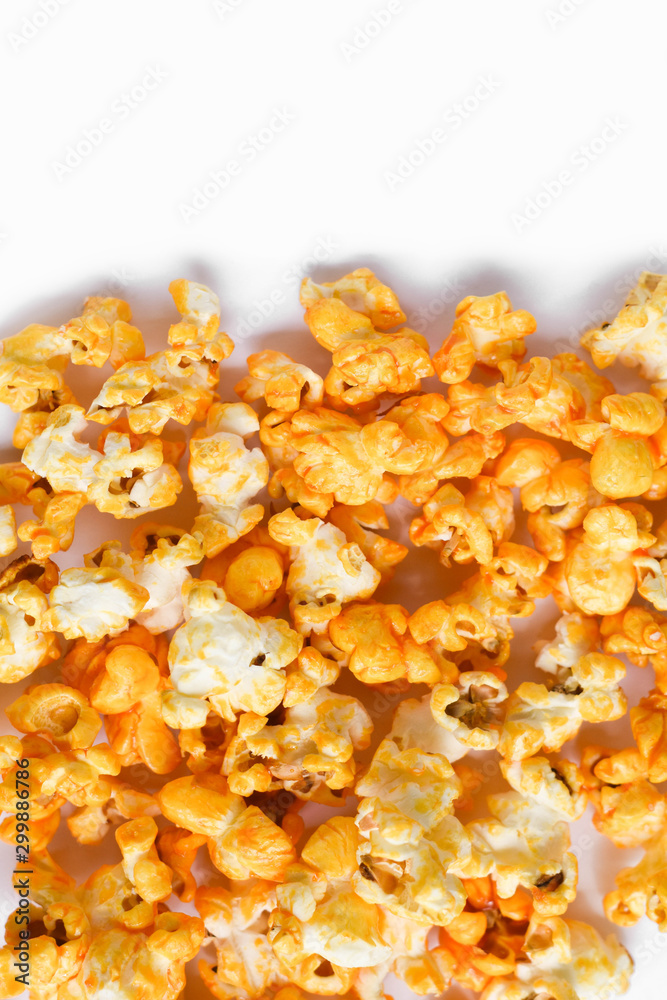 popcorn isolated on white background, Top view, copy space popcorn isolated on white background, Top view, copy space